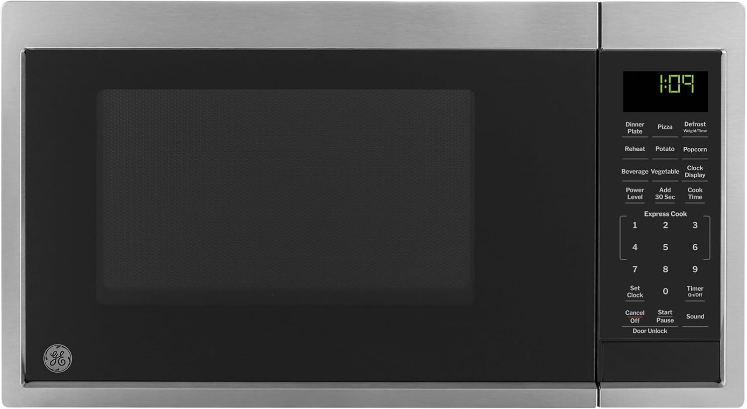 GE Countertop Microwave Oven, Compact 0.9 Cubic Ft., 900-watt Capacity, 7 Auto Cooking Settings, Child-Lock Technology, Kitchen Essentials for The Countertop, Dorm Room or Apartment, Stainless Steel