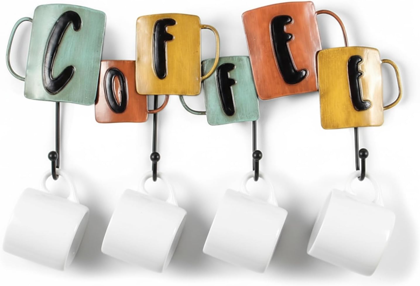 Retro Metal Wall Mounted Coffee Mug Holder， with 4 Hooks and Metal Sign Modern Coffee Sign for Kitchen, Bar Station Accessories, Coffee Sign Decor