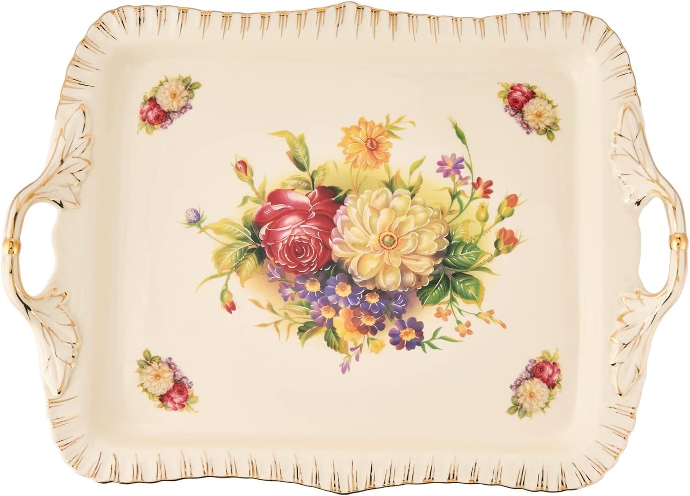 YOLIFE Ivory Serving Tray, Ceramic Floral and Gold Leaves Decorative Platter for Tea Party 15 X 11 inch (Flowering Shrubs)