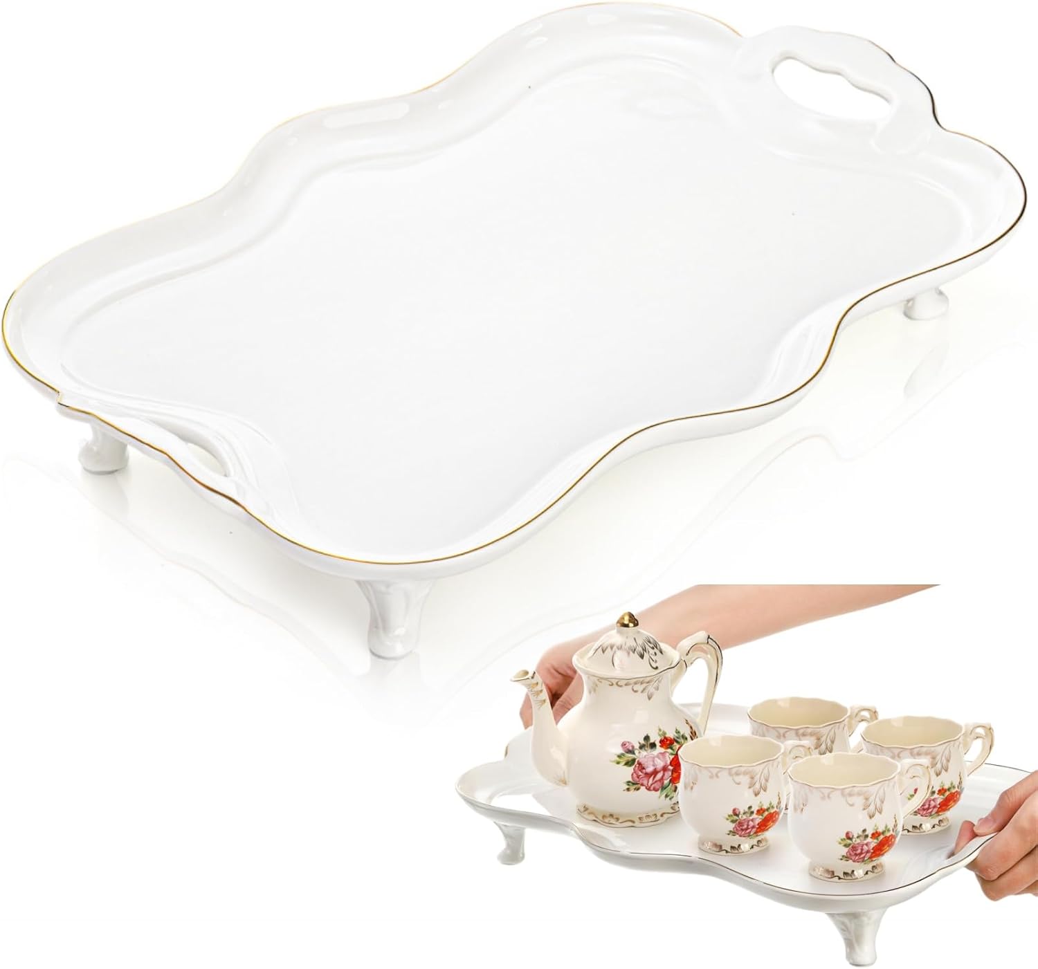 Tlence 16″ Large Ceramic Serving Tray with Handles, Footed Rectangular Coffee Table Tray with Gold Rim, Vintage Decorative Platter for Tea, Perfume and Ottoman, Living Room Decor