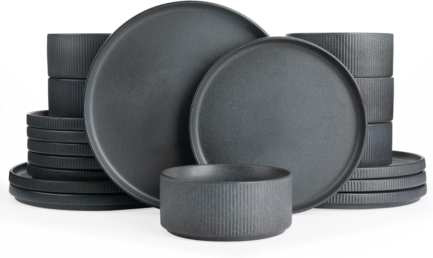 Famiware Star Plates and Bowls Sets, Modern Stoneware Dinnerware Sets for 6, 18-Piece Kitchen Dish Set – Chip and Scratch Resistant, Microwave and Dishwasher Safe Tableware, Matte Dark Charcoal