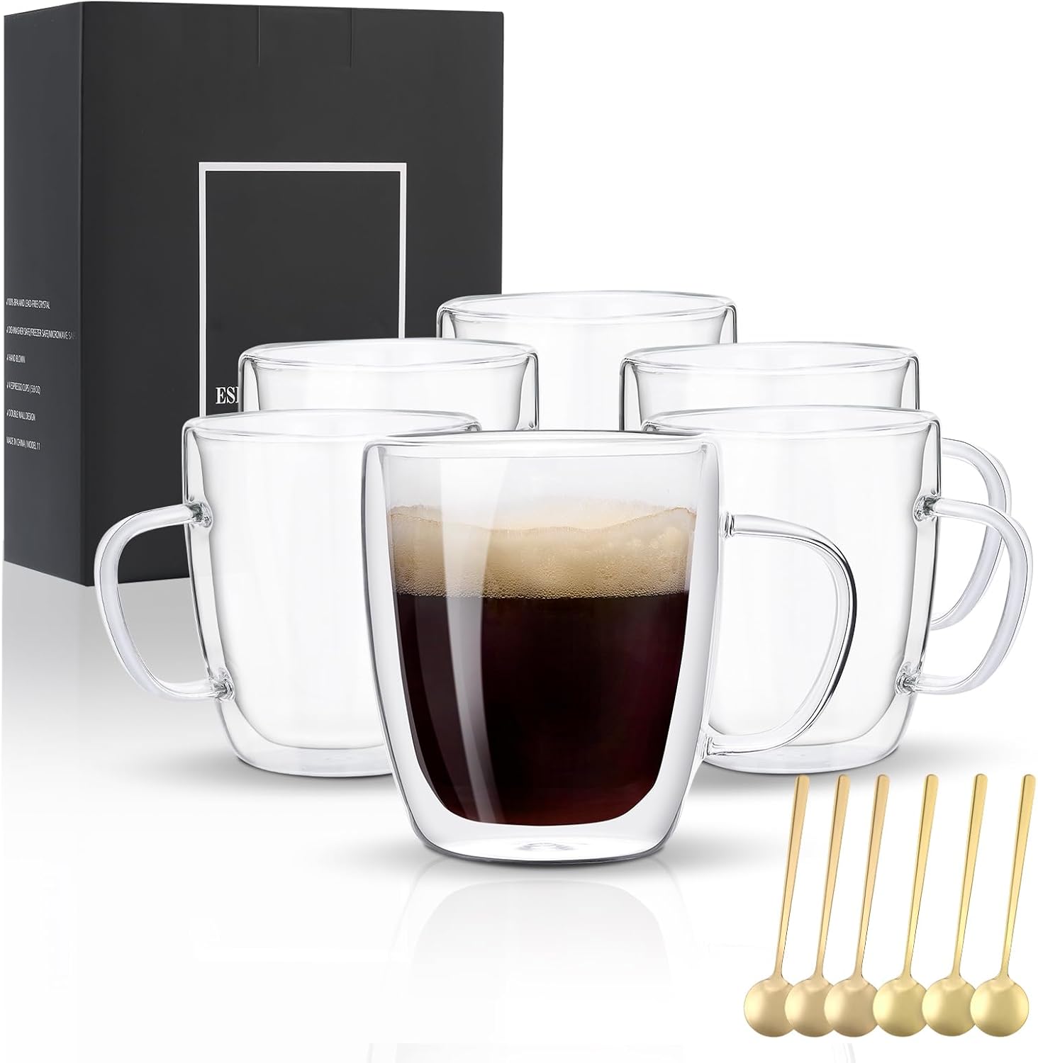 VENVENWEAVS Glass Coffee Mugs Set Of 6, 13.5 OZ Insulated Double Wall Coffee Cups, Perfect for Cappuccino, Latte, Americano, Tea Bag, Beverage,Glass Coffee Cups With Handles