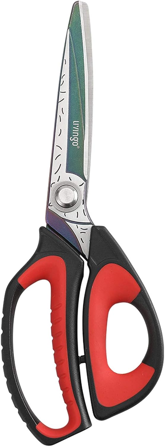 LIVINGO 10″ Multipurpose Heavy Duty Scissors, Premium Titanium Coating Forged Stainless Steel Tool Industrial Shop Shears for Household, Pruning, Gardening, Fabric, Red/Black