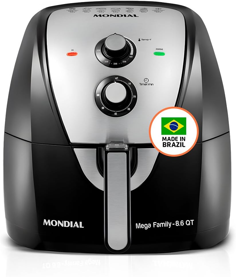 MONDIAL Air Fryer – 8.6 Quart Extra-Large Air Fryer, 2 Simple Dial Controls, 1800 Watts – Quick Heat Circulation Technology, Low Fat Cooking Less Calories – Removable Squared Basket – Black