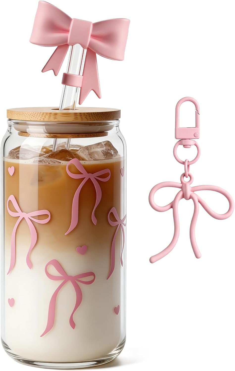 Mason Life Bow Glass Cup 18 OZ with Designs, Pink Bow Cup for Preppy Stuff, Cute Tumbler with Straw Cover & Keychain for Women Teen Girls Iced Coffee, Matcha and Smoothies