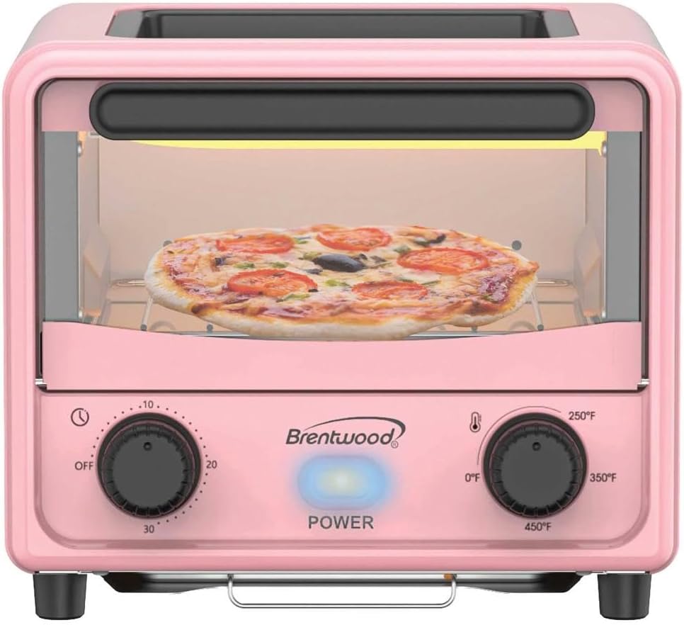 Brentwood 3 Liter Stainless Steel Mini Toaster Oven and Griddle with Timer, Adjustable Temperature, Removable Crumb Tray, and Cool Touch Handle (Pink)