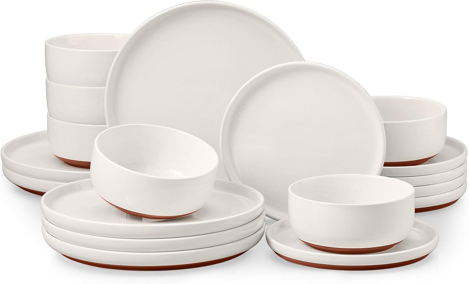 E-far 18-Piece Stoneware Dinnerware Sets, Plates and Bowls Sets for 6, Ceramic Dishware Dishes Set with Terracotta Base, Chip & Scratch Resistant, Microwave & Dishwasher Safe, Speckled White