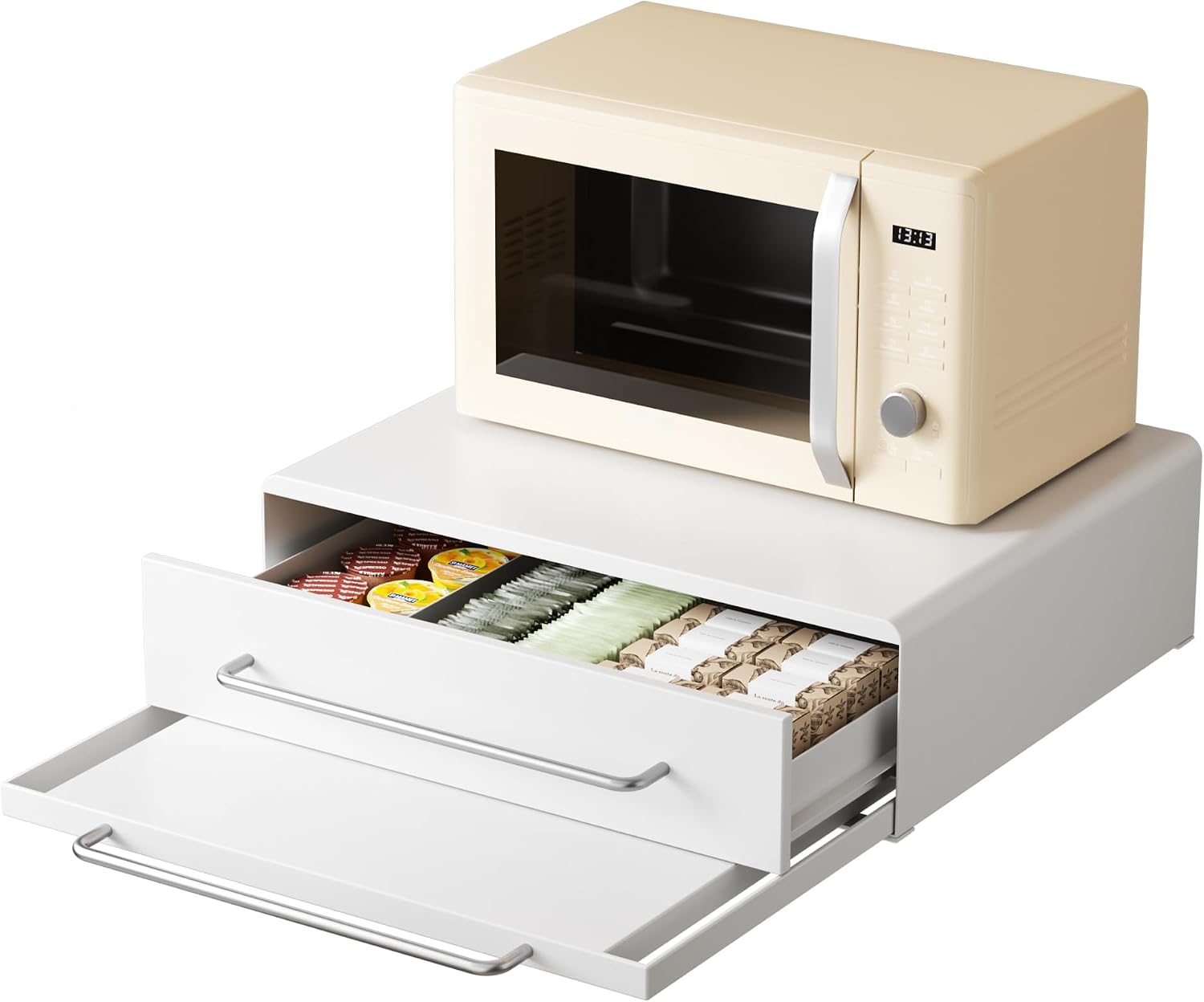 DTK Microwave Stand with Pull-Out Drawer & Tray, Kitchen Storage Drawers Countertop for Compact Microwave, Coffee Station & Kitchen Appliance, Microwave Riser with Storage, White(Stand+Drawer+Tray)