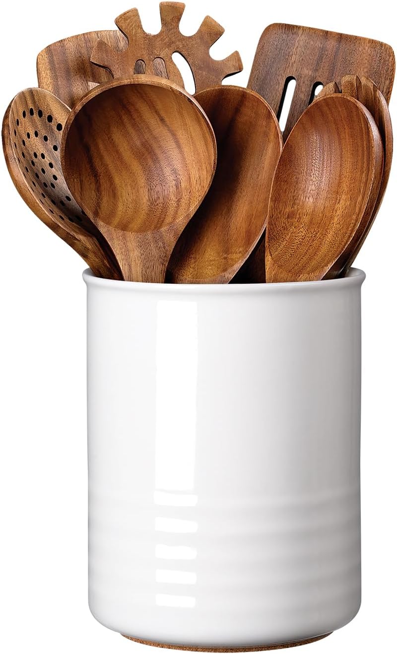 ABRUTY Utensil Holder, 6.7″ Ceramic Kitchen Utensil Crock for Countertop Cooking, Modern Utensil Caddy Jar Organizer for Farmhouse Kitchen Counter Decor (White)