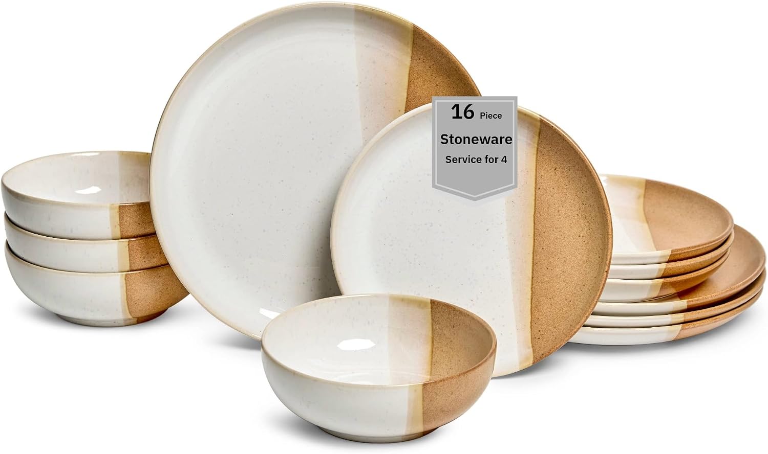 Sango 12 Pieces Stoneware Dinnerware Set, Glossy Caramel & Cream Dishes for 4, Premium Plates and Bowls Sets, Chip & Scratch Resistant, Ceramic Kitchen Dish Set, Microwave & Dishwasher Safe, Phoebe