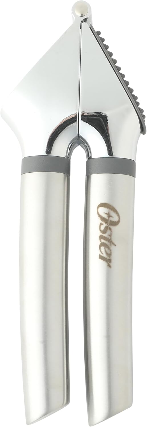 Oster Chadswyck 7.7” Garlic Press, Stainless Steel Garlic Mincer & Crusher, Easy Squeeze, Dishwasher Safe
