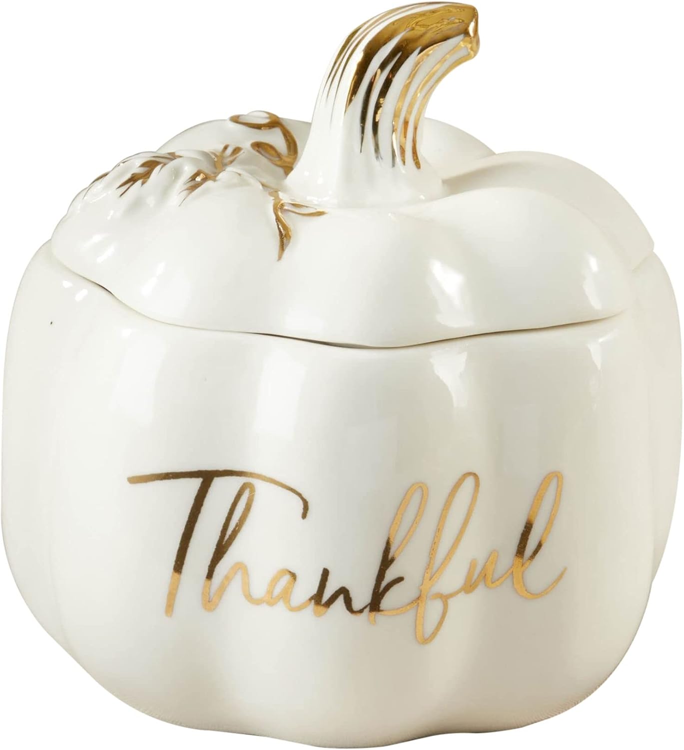 Kate Aspen Thankful White Pumpkin Bowl – Ceramic Decorative Pumpkin Decor Candy Dish With Lid, Fall Candy Dish, Thanksgiving Bowl, Fall Decorations for Home, Kitchen Decor, Thanksgiving Decorations