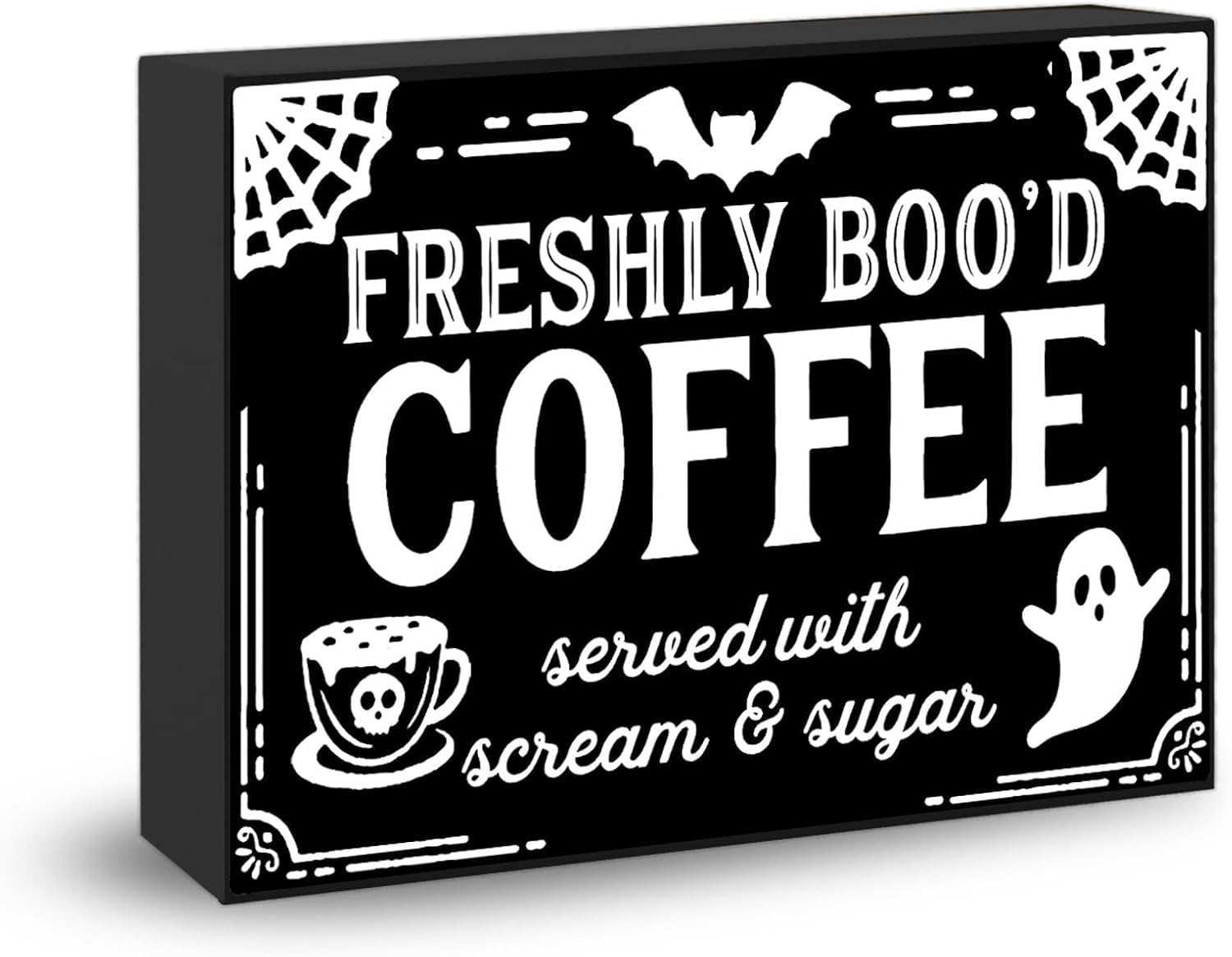 EoffIvan Halloween Decoration Coffee Bar Decor Cute Ghost Freshly Boo’d Coffee Bar Halloween Gothic Kitchen Decor Indoor Wooden Sign For Desk Office Cubicle Decoration