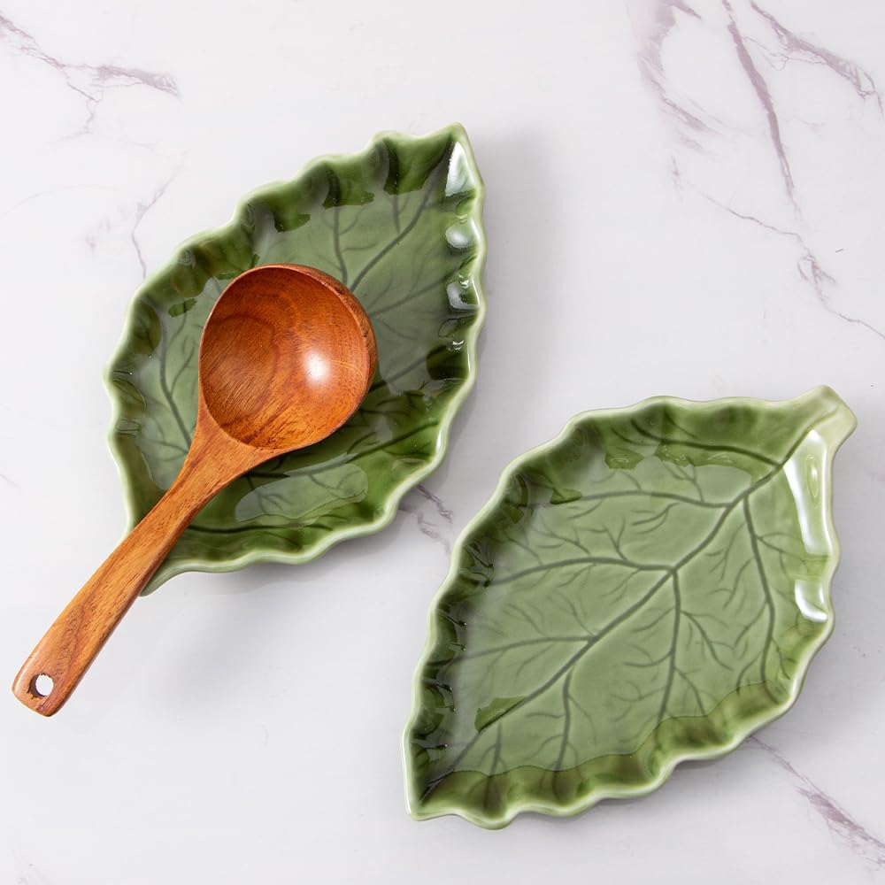 Ceramic Leaf Shape Spoon Rest for cooking, Cute Green Cooking Spoon Holder for Stove Top,Large Porcelain Spatula Rest for Kitchen Counter, Farmhouse Kitchen Decor (green)