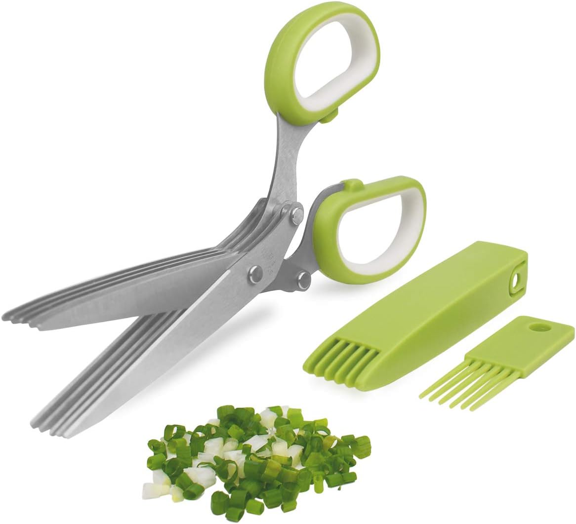 5-Blade Herb Cutter Scissors with Safety Cover, Cleaning Comb – Green