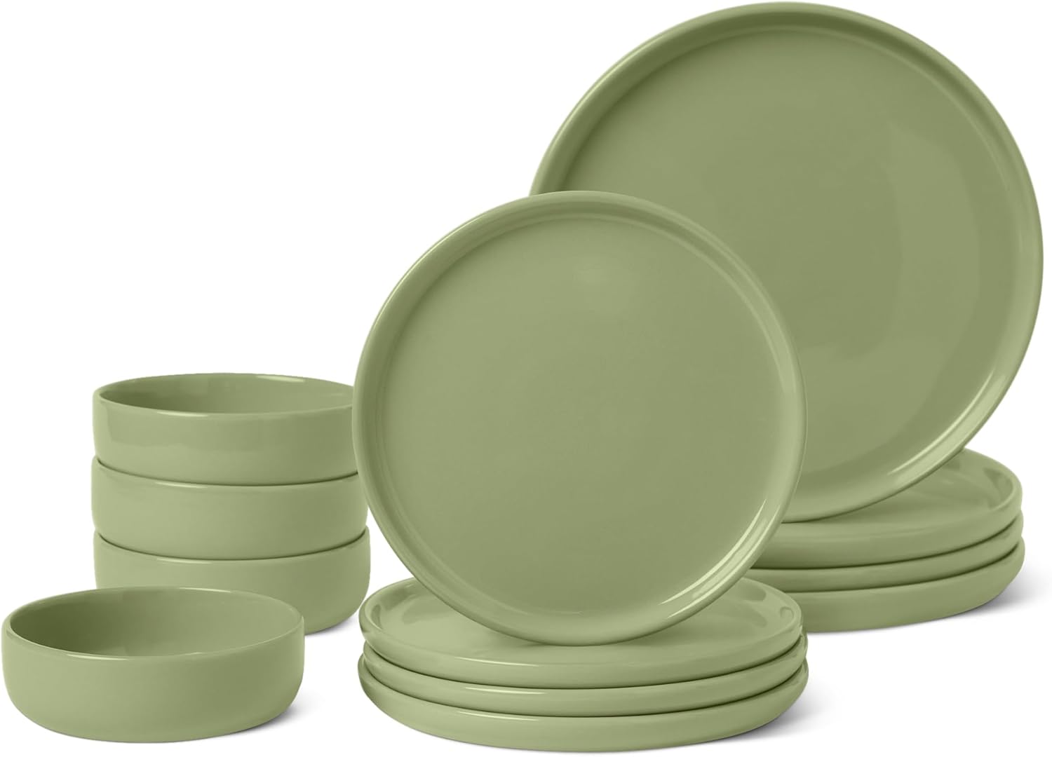 Amazon Basics Glazed Stoneware Dinnerware, 12-Piece Set, 4 Full Place Settings, Microwave and Dishwasher-Safe, Olive