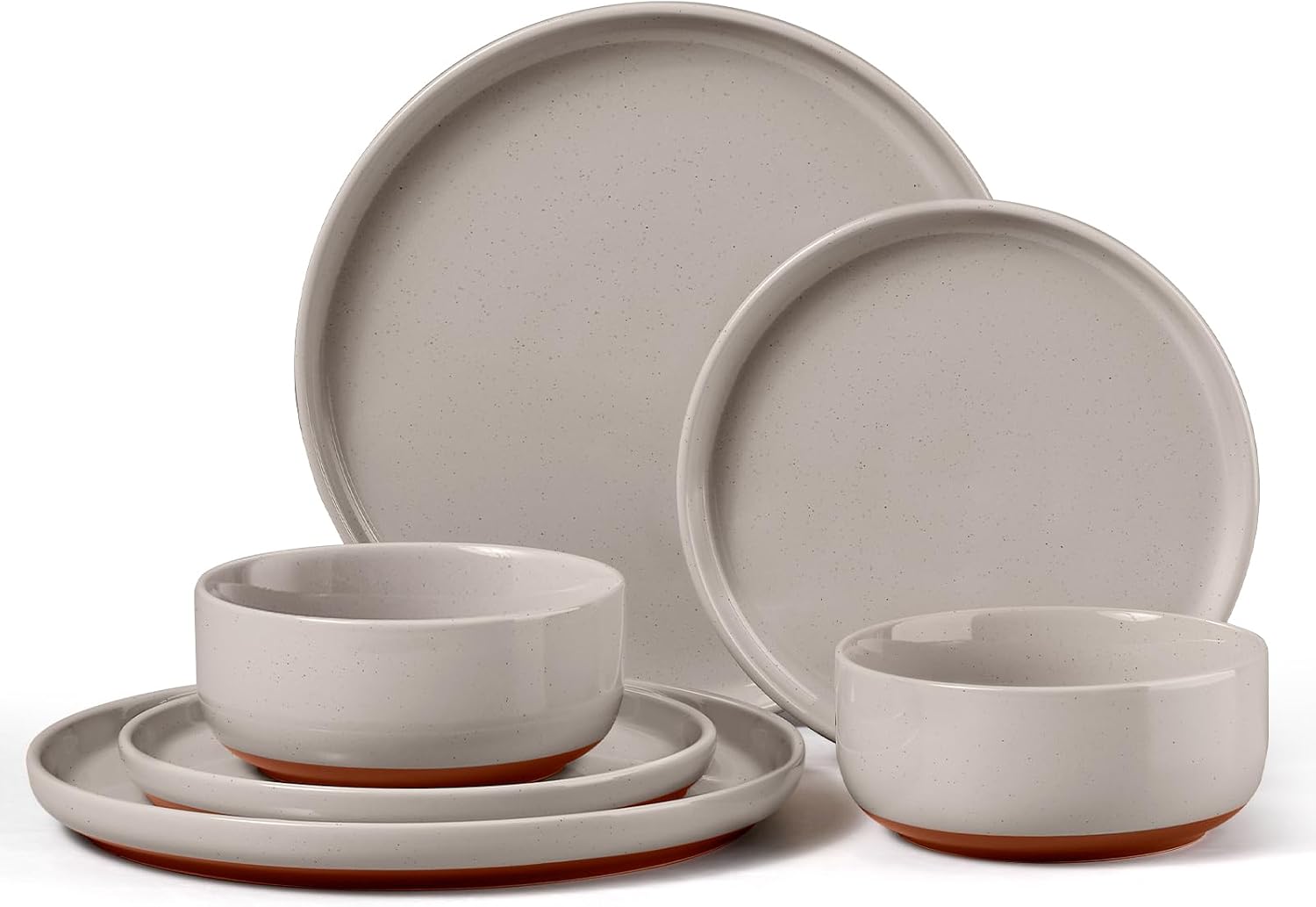 E-far 6-Piece Ceramic Dinnerware Sets, Plates and Bowls Sets for 2, Stoneware Dishware Dishes Set with Terracotta Base, Chip & Scratch Resistant, Microwave & Dishwasher Safe, Speckled Khaki