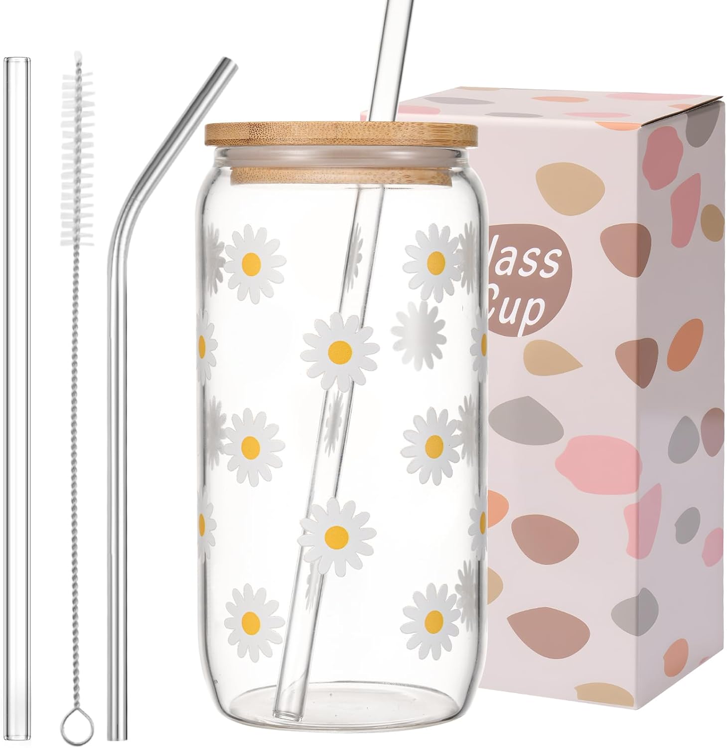 ANABIUP Cute Glass Cups with Lids and Straws, Daisy Flower Iced Coffee Smoothie Matcha Cup Tumbler Birthday Gifts for Women Sister Friend Her Preppy Teenage Girls Teen Girl Gifts Trendy Stuff Things