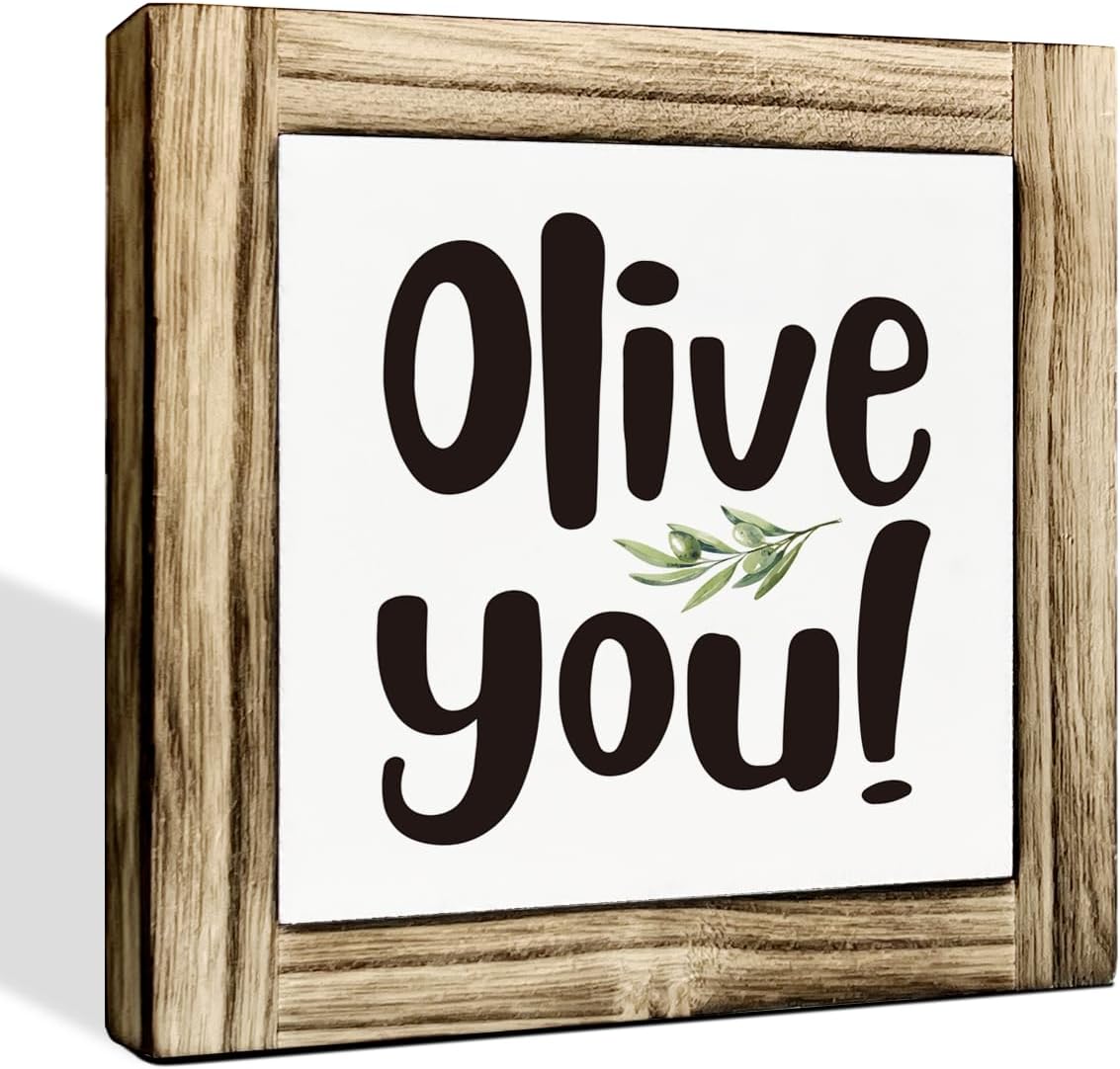 Olive You Box Sign – Funny Wooden Desk, Shelf Decor for Home, Farmhouse Kitchen Bar, Cute Kitchen Decor for Shelf, Home Bar Decoration