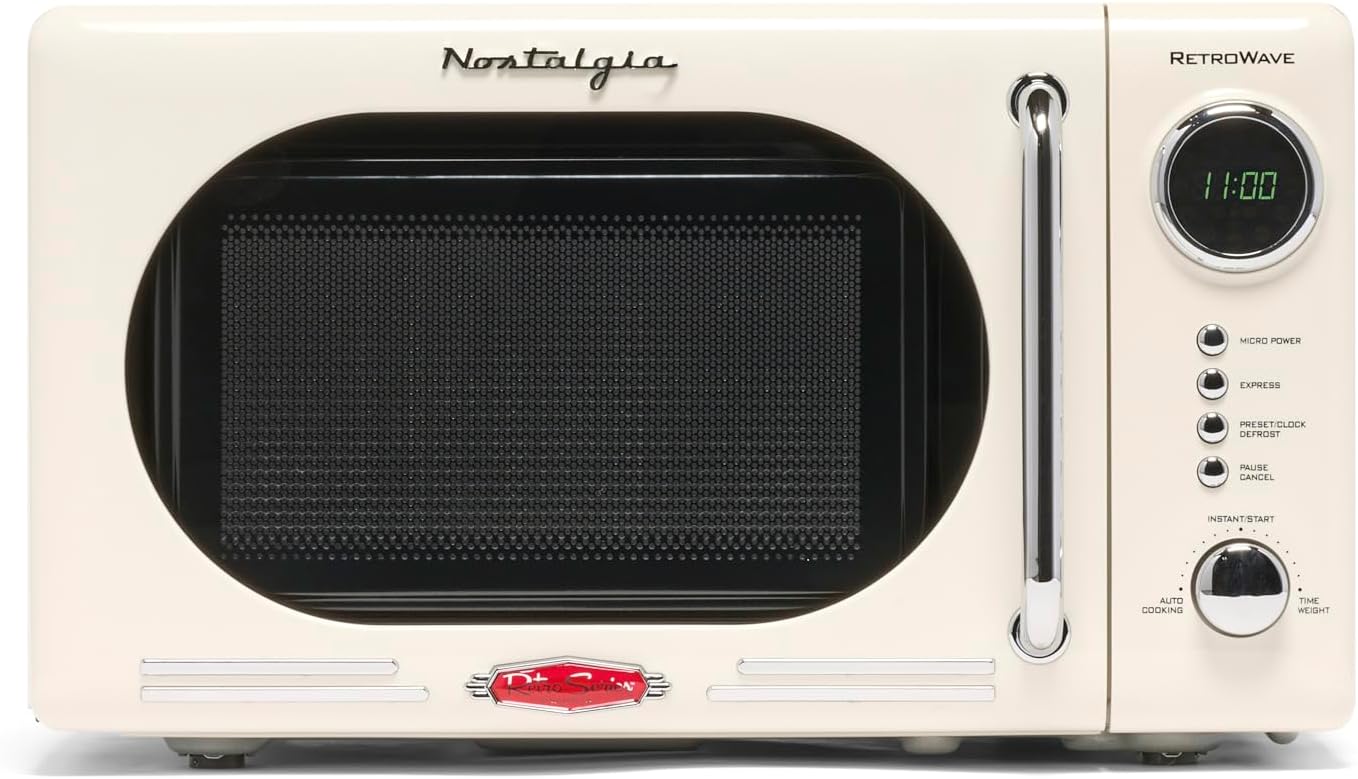 Nostalgia NRMO7IVY6A Retro Compact Countertop Microwave Oven, 0.7 Cu. Ft, Ivory