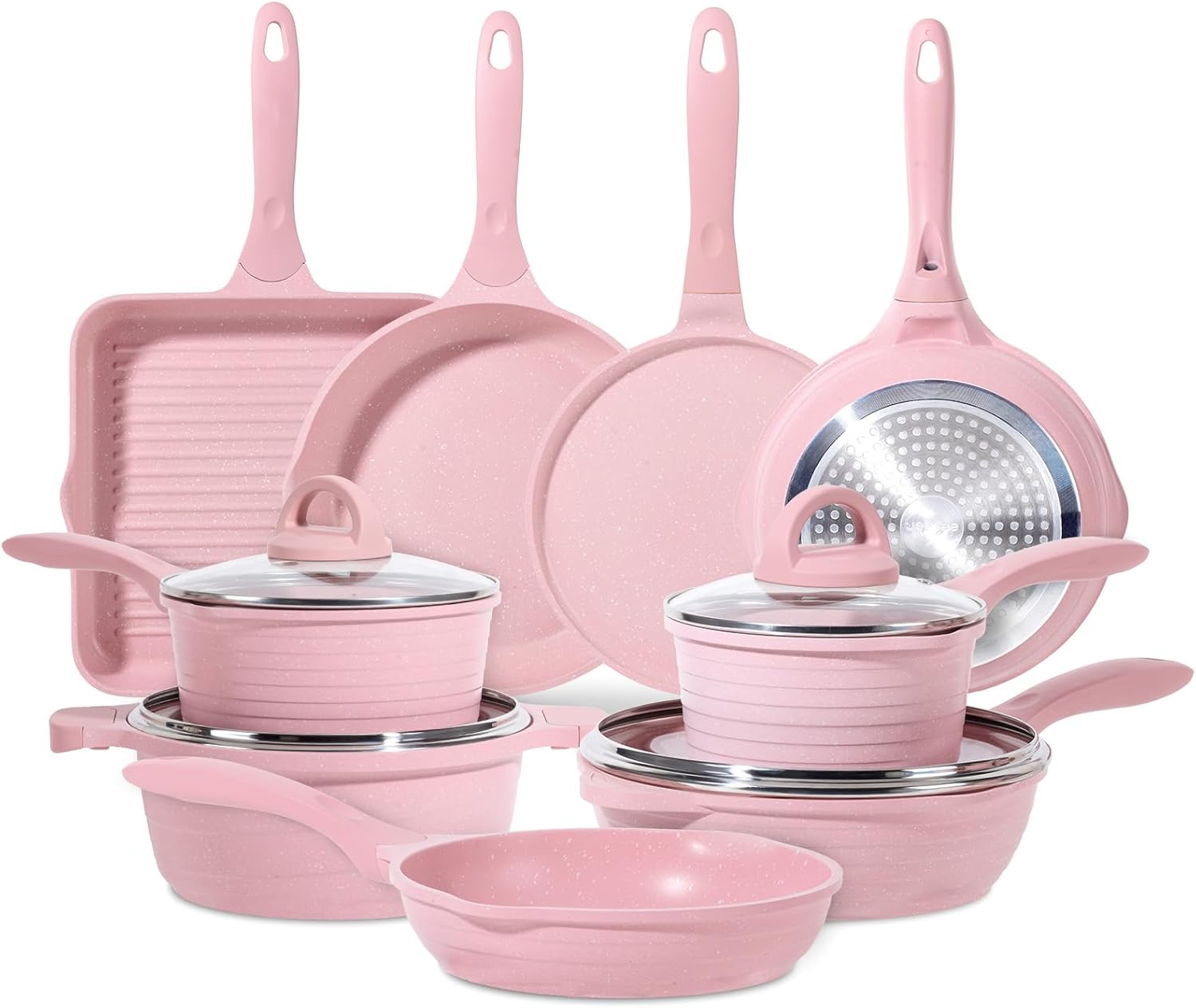 JEETEE Pink Pots and Pans Set Nonstick 23pcs, Healthy Kitchen Cookware Sets | Healthy Non Toxic Induction Cooking Set Frying Pans, Saucepans, Sauté & Griddle & Crepe Pan, PFOA & PFAS Free, With Lid