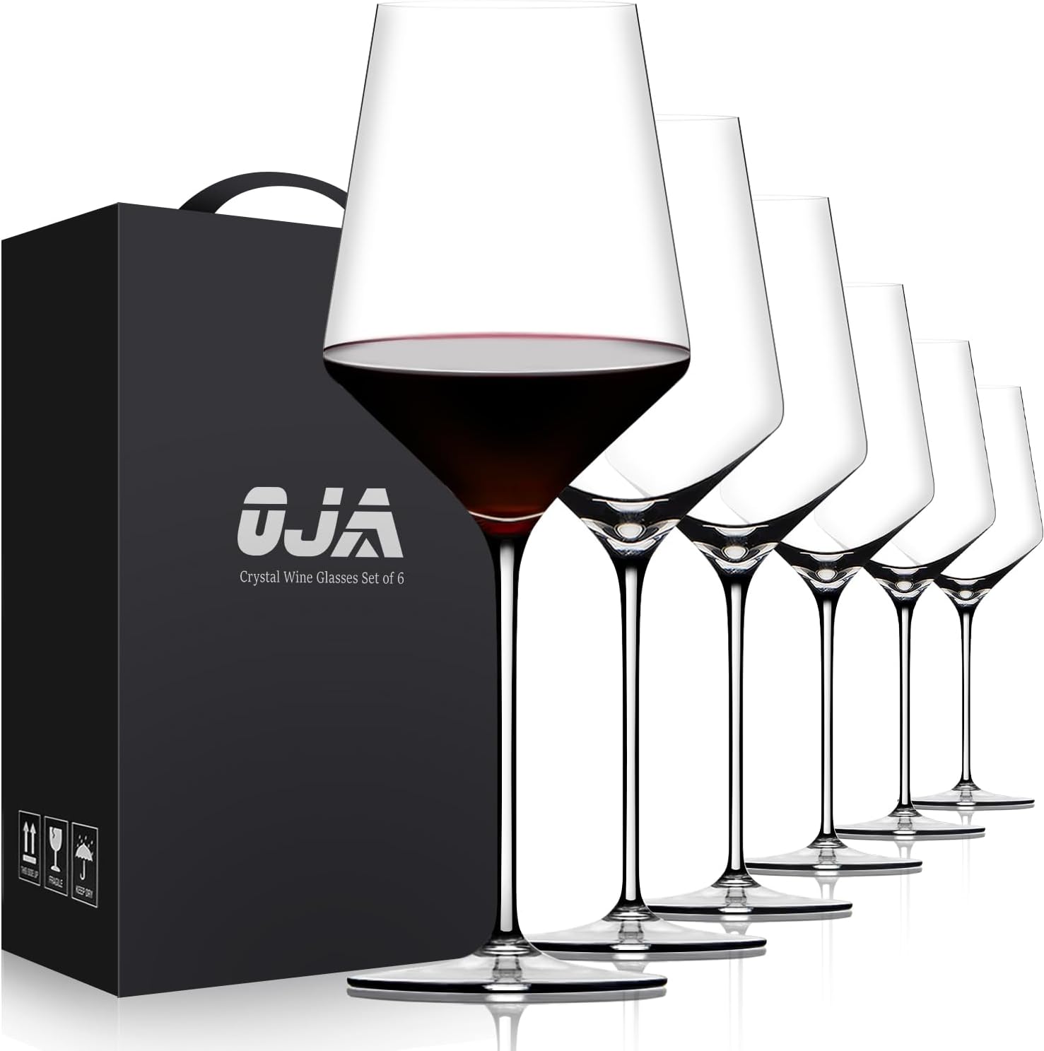 OJA Red Wine Glasses Set of 6, Premium Crystal Wine Glasses Hand Blown, 17 oz, Long Stem, Thin Rim, Perfect for Daily Use, Unique Wedding Anniversary or Birthday Gift