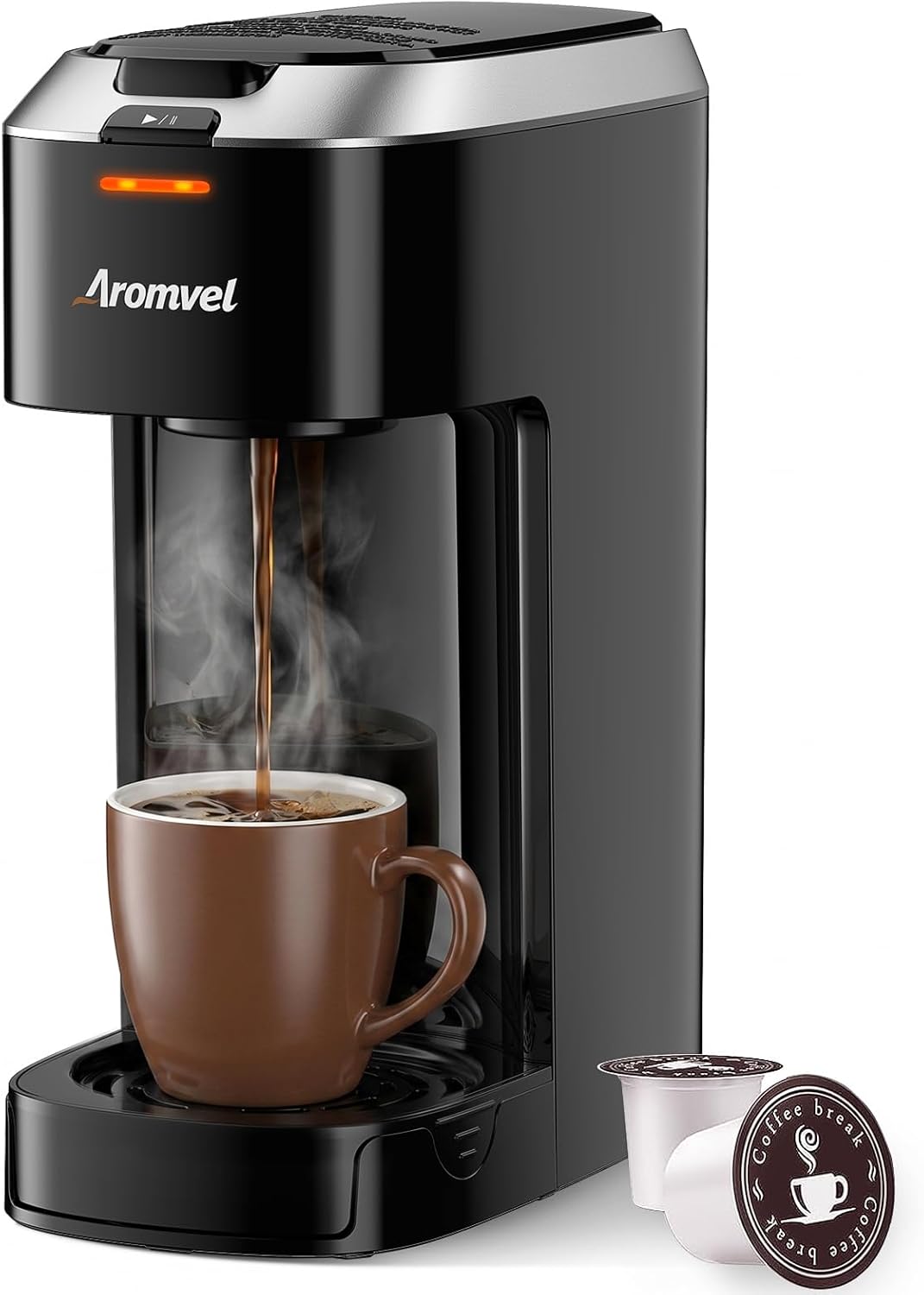 Single Serve Coffee Maker for K Cup Pods, One Button Coffee Maker, 6-14oz Brew Sizes, Fits Travel Mug, Compact for Small Kitchen, Office, Dorm, RV, Silver