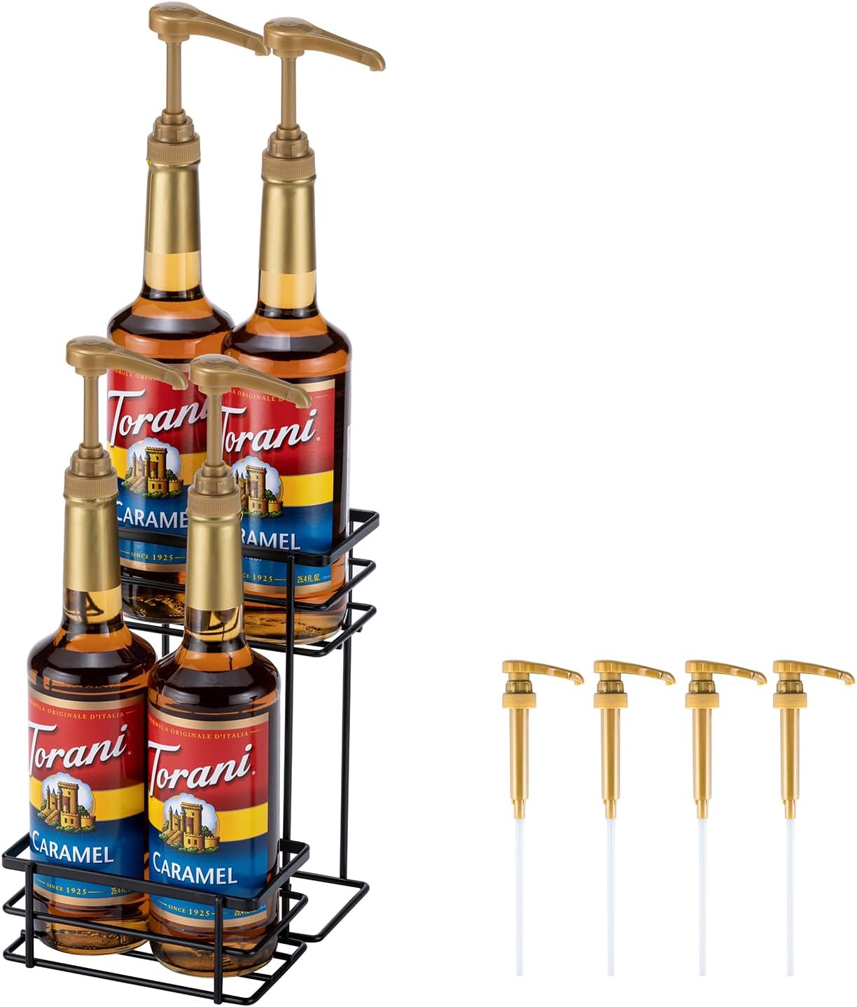 Coffee Syrup Organizer, 4 Bottle Capacity Syrup Stand, 2 Tier Syrup Rack for Coffee Bar Accessories with 4 Coffee Syrup Pump, Syrup Holder for Kitchen, Storage for Syrup, Wine, Dressing（Black）