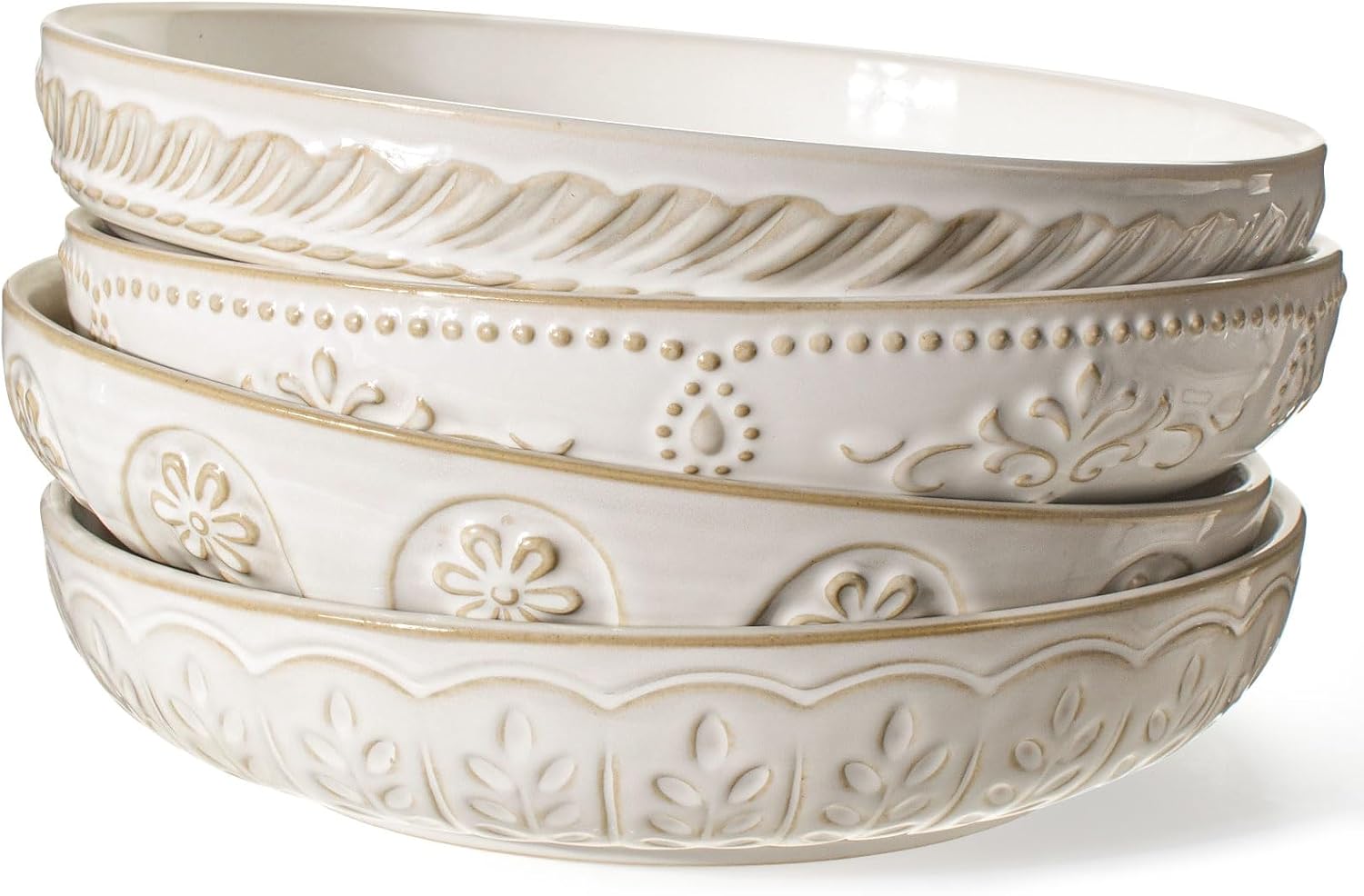 Artena Pasta Bowls, 50oz Large Salad Serving Bowls, 9.75” Plates Bowls Set of 4, Big White Ceramic Soup Bowls for Kitchen, Embossment Shallow Dinner Bowl, Microwave Dishwasher Safe, Multiple Patterns