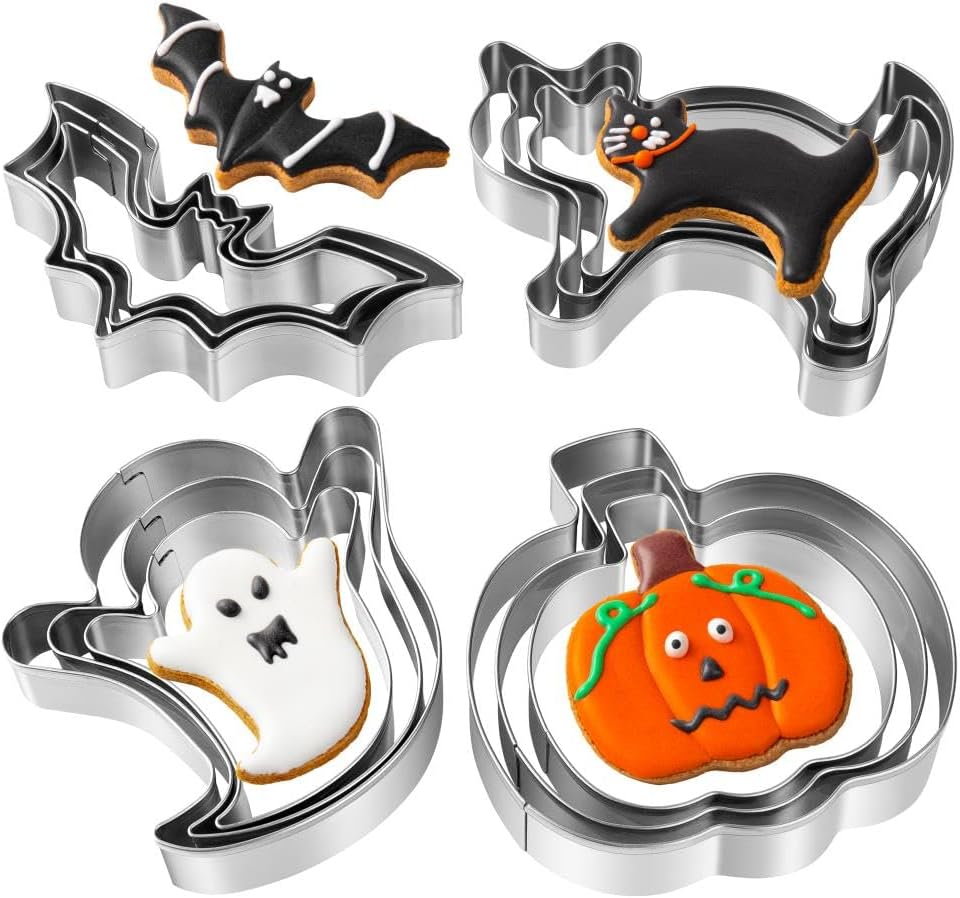 Halloween Cookie Cutters Set – 12 Pieces Stainless Steel Halloween Cookie Cutters Shape,Pumpkin, Ghost, Bat and Cat Cookie Cutter Shapes for Halloween Food Party Decorations