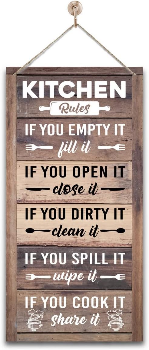 Kitchen Rules Sign – Rustic Farmhouse Kitchen Decor – Vintage Wooden Wall Art for Country/Western Kitchens, Ready to Hang