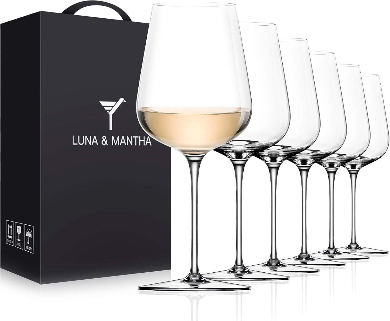 LUNA & MANTHA Wine Glasses Set of 6, Crystal White Wine Glasses with Long Stem, Hand Blown 14oz, Red White Gift Packaging for Daily Use, Father’s Day, Wedding Anniversary or Birthday