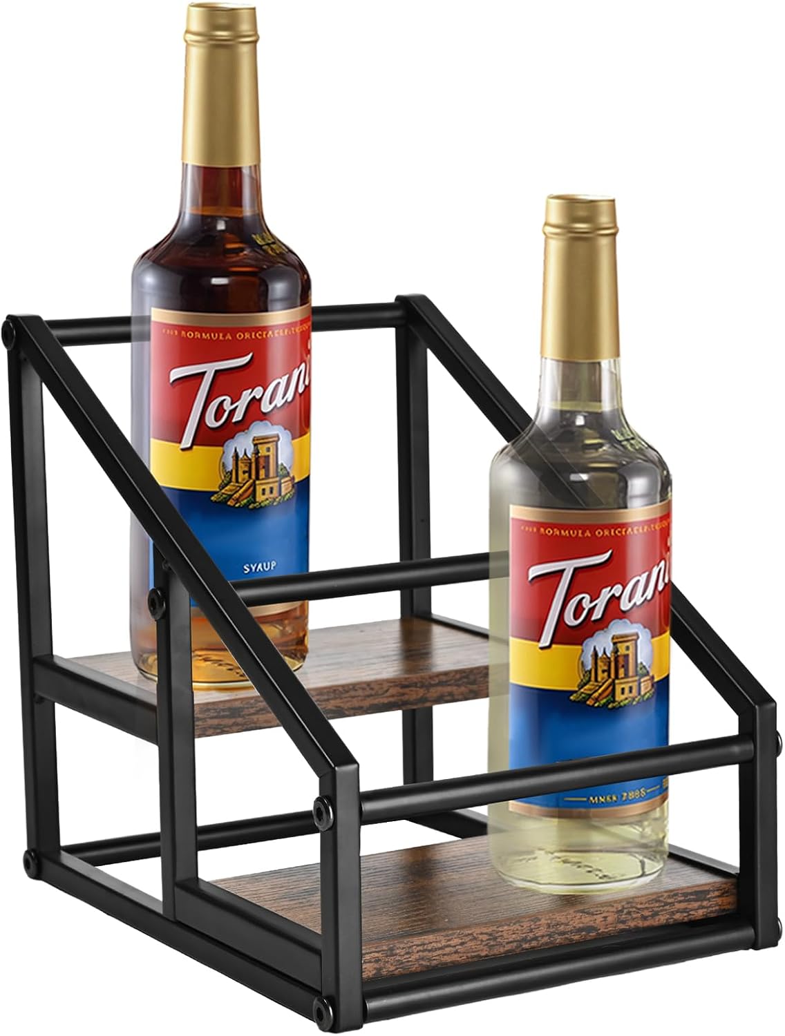 YQBRAO Coffee Syrup Rack Organizer,Liquor Bottle Display Shelf,2-Tier 4 Bottle Stand for Coffee Bar, Kitchen Station, Liquor, Wine, Dressing,Rustic Brown