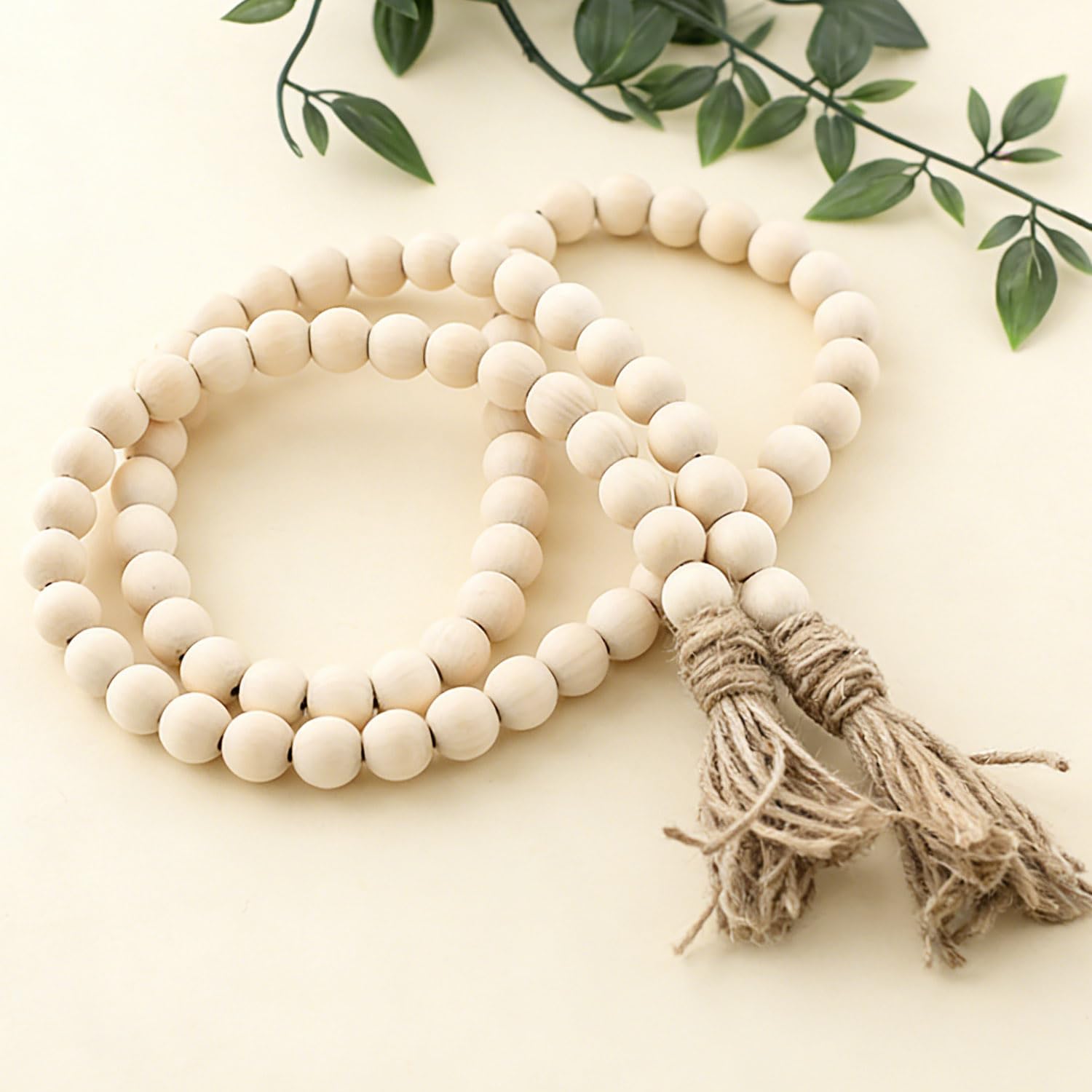 Farmhouse Decor, 59in Wooden Beads Garland with Tassels, Rustic Farmhouse Prayer Boho Beads for Coffee Table Wall Country Decor