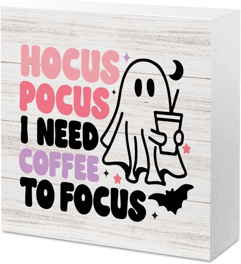 Cute Halloween Decor Indoor Ghost Hocus Pocus I Need Coffee to Focus Sign | Coffee Sign Decor Halloween Decorations for Home Coffee Bar Shop Station Decorations 5 x 5 inch