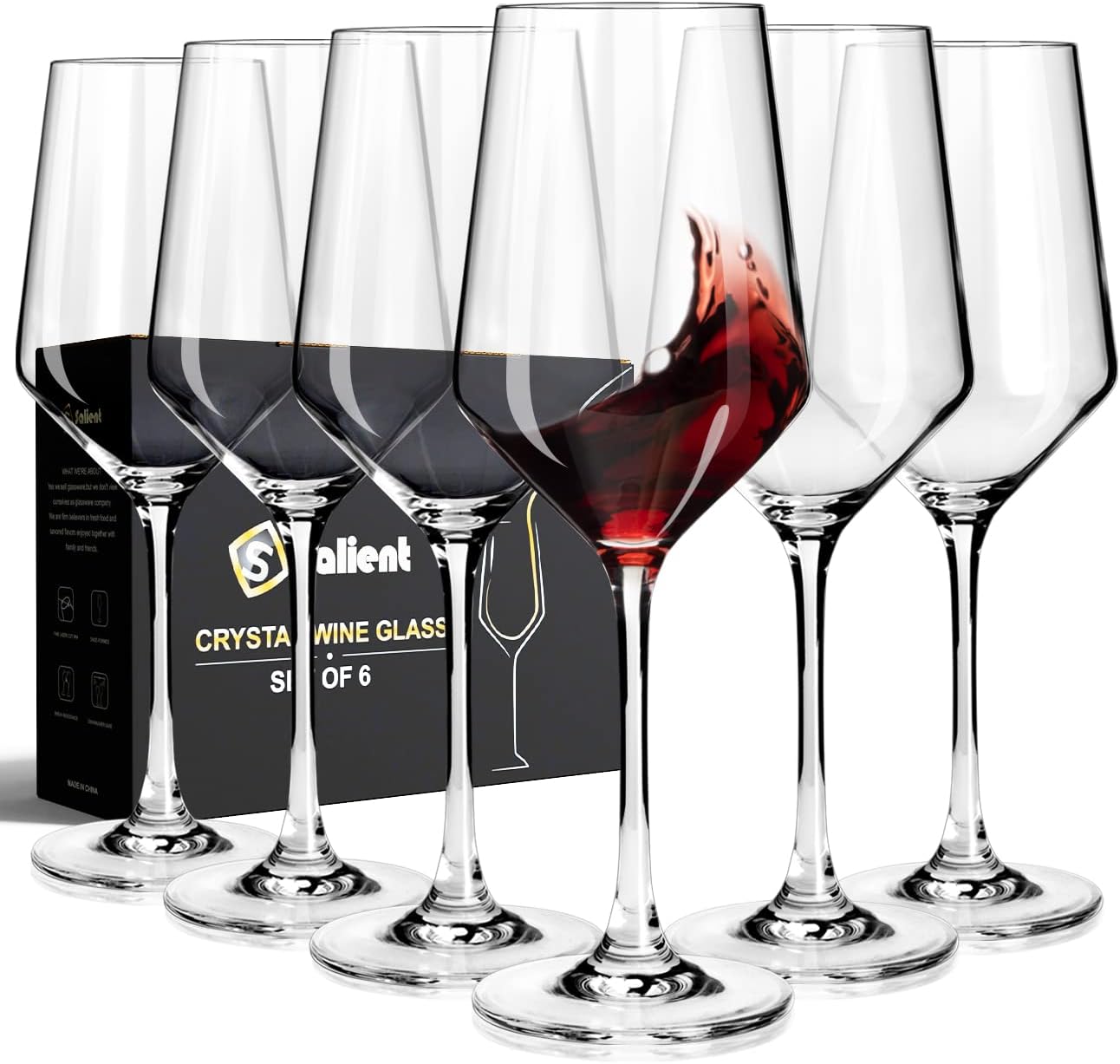 S SALIENT Wine Glasses Set of 6,Long Stem White/Red Wine glasses,14oz Hand Blown Premium Crystal Wine Glass,Gift Packing Burgundy Glasses