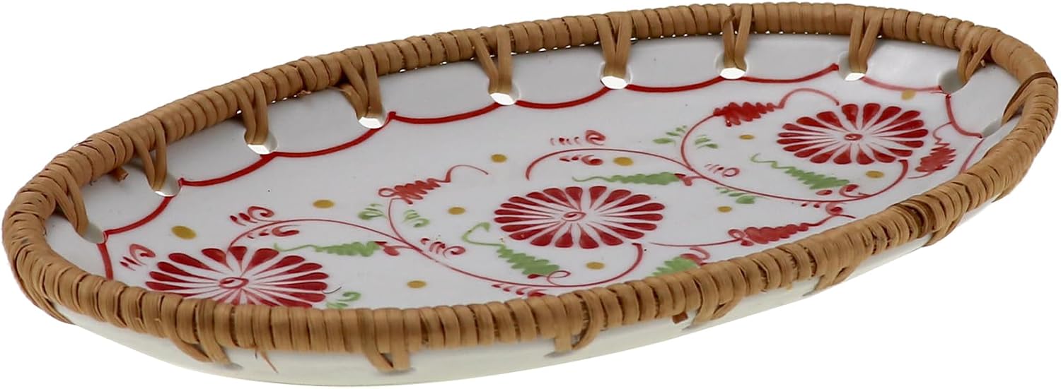 Mini Rattan Ceramic Tray, Oval Fruit/Bread/Cookie/Jewelry Small Storage Porcelain Serving Plate, Vintage Decorative Display Plate for Coffee Table Home Decor Wedding Party Gift (Red Flower)