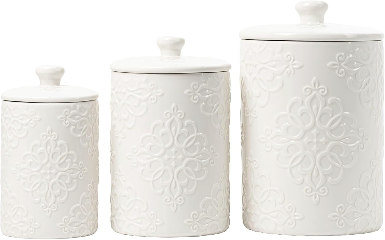 10 Strawberry Street Embossed Ceramic Kitchen Canister Set, Set of 3, Stamp White