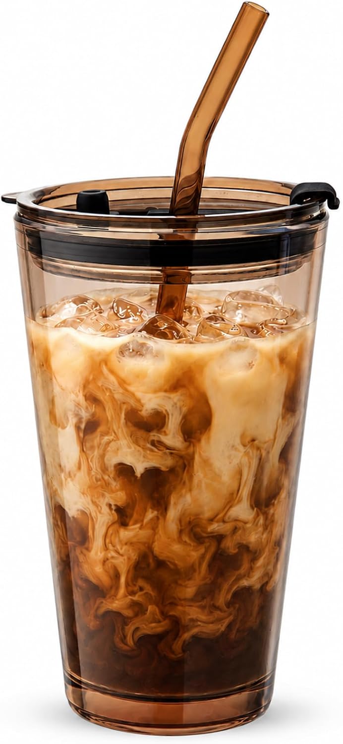 Olvini 15oz Glass Tumbler with Straw and Lid, Cute Iced Coffee Cups, Aesthetic Glass Cups, Coffee Tumbler, Water Cup, Matcha Cup, Drinking Glasses (Amber)
