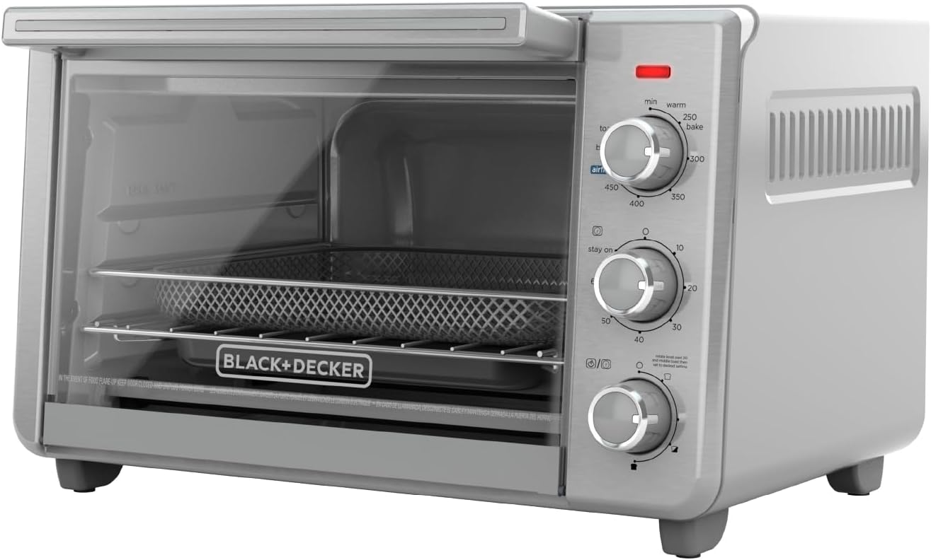 BLACK+DECKER Crisp ‘N Bake Air Fryer Countertop Convection Toaster Oven, Large Capacity, 6-Slice, 5-in-1, Fits 12” Pizza, 60-Min Timer, Bake, Broil, Air Fry, Toast, Keep Warm, Stainless Steel