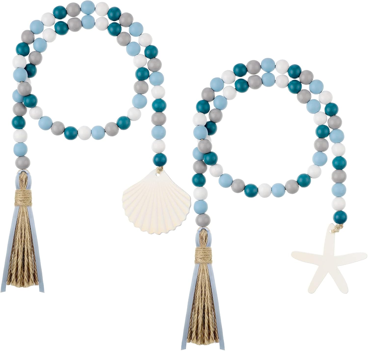 Janinka 2 Pcs Farmhouse Seashell Bead Garland with Tassels Decorative Beads Decor Nautical Farmhouse Tiered Tray Decorations Set Coastal Garland for Home and Kitchen, Wooden Beads(White)