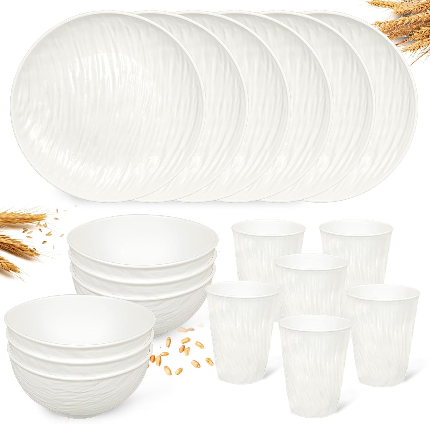 18pcs White Plastic PLates and Bowls Sets Heavy Duty includes Plastic Plates Reusable and Elegant Wheat Bowls and Rock-textured Design Cups for 6 People Outdoor Picnic,Camping Trip,Beach Day