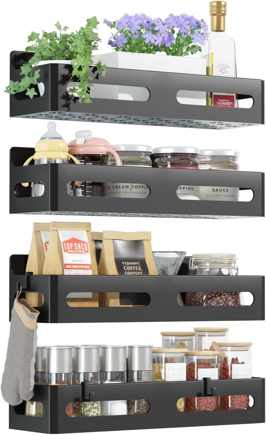 Sevenblue 4-Pack Magnetic Spice Rack for Refrigerator with Hooks, Black | Strong multipurpose magnetic shelf for kitchen & bathroom organization. Includes 4 removable hooks for hanging items.