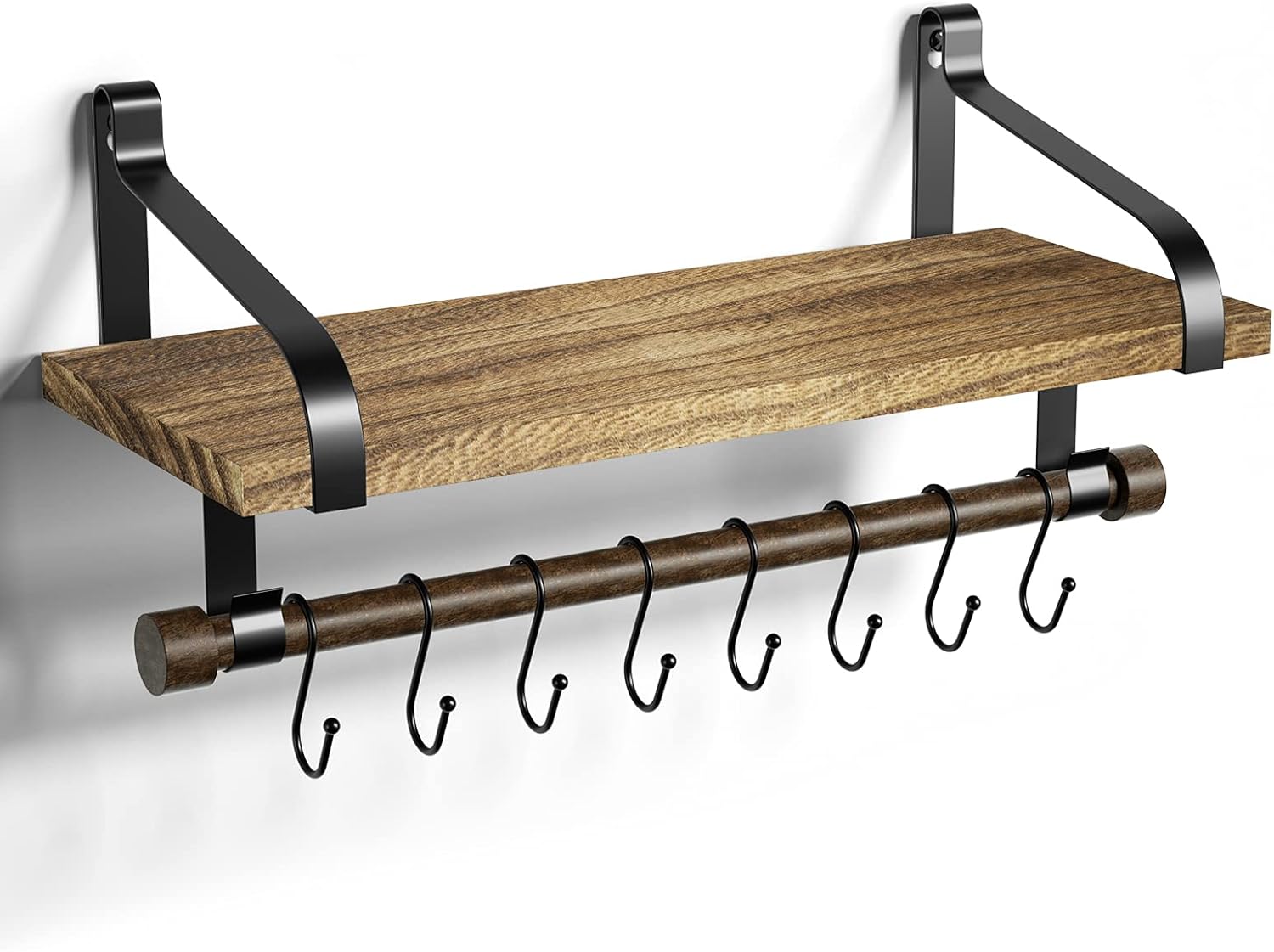 Love-KANKEI Floating Shelf Wall Shelf for Storage Rustic Wood Kitchen Spice Rack with Towel Bar and 8 Removable Hooks for Organize Cooking Utensils or Mugs Carbonized Black