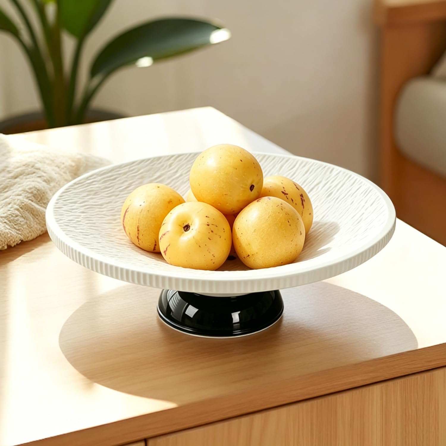 Large Fruit Bowl for Kitchen Counter, Decorative Pedestal Bowl Dessert Platter with Drain, 9.84” Diameter & 3.15” Height Fruit Basket Bowl for Fruits, Dessert, Snack (BLACK) (WHITE)