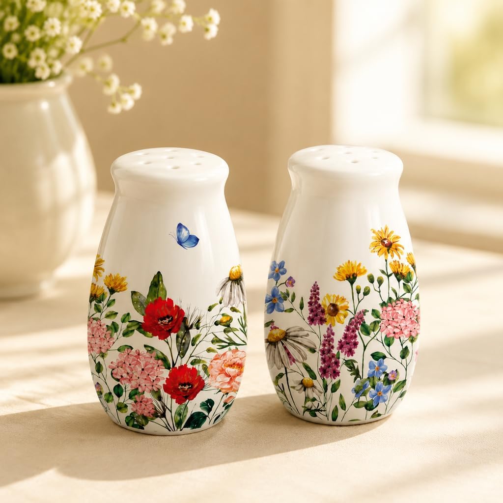 FYSUIMU 2Pcs Spring Summer Wildflower Salt and Pepper Shaker Vintage Floral Butterfly Ceramic Spice Dispenser Seasoning Containers for Home Kitchen Table Countertop Decor