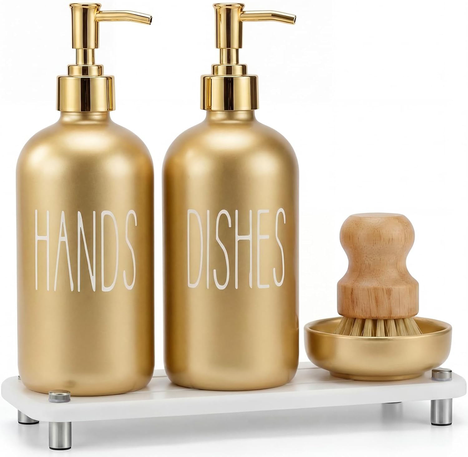 Gold Kitchen Decor, 5 Pcs Hands Dishes Soap Dispenser Set Comes with Ceramic Brush Tray, Instant Dry Tray, and Dish Scrub Brush, Suitable for Kitchen Accessories (Word)