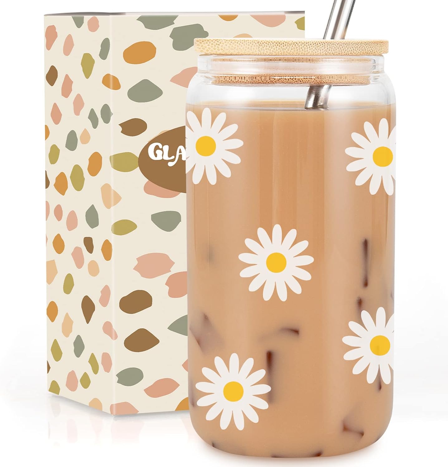 GSPY Daisy Aesthetic Gifts, Iced Coffee Cup, Cute Glass Cups with Lids and Straws – Cute Mugs, Flower Mug, Glass Tumbler – Mothers Day, Birthday Gifts for Women, Coffee Lovers, Friend, Girls, Mom, Her