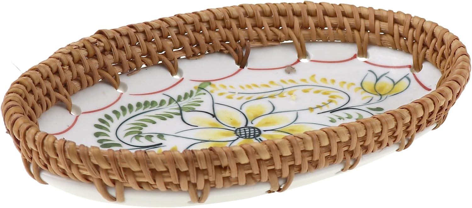 Small Rattan Ceramic Tray, Oval Mini Storage Porcelain Serving Plate, Vintage Decorative Display Plate for Fruit Bread Cookie Jewelry Coffee Table Home Decor Wedding Party Gift (Yellow Lotus)