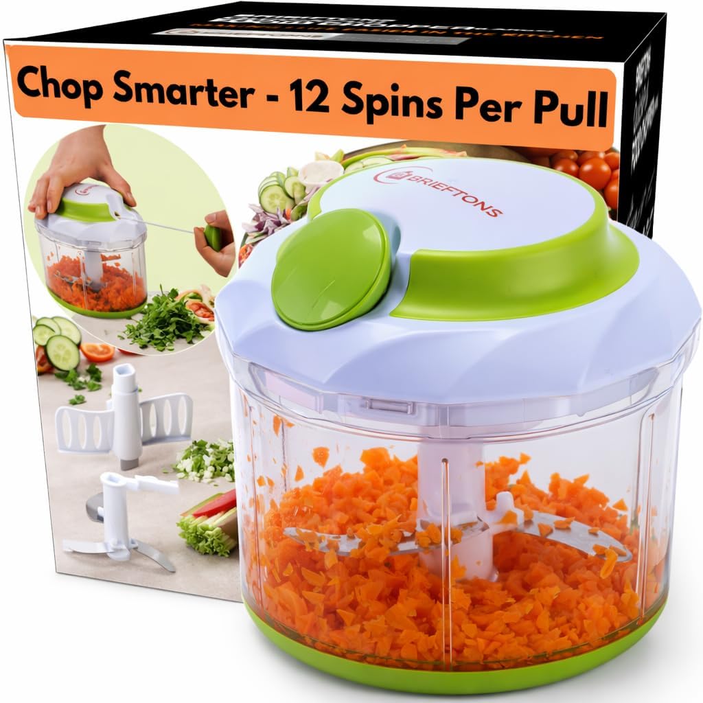Brieftons QuickPull Manual Food Chopper, 4-Cup Hand Pull String Chopper, No Electricity, Chops Onion Tear-Free, Garlic, Vegetables, Herbs, Nuts for Salsa, Guacamole, Pesto, Baby Food, RV, Camping